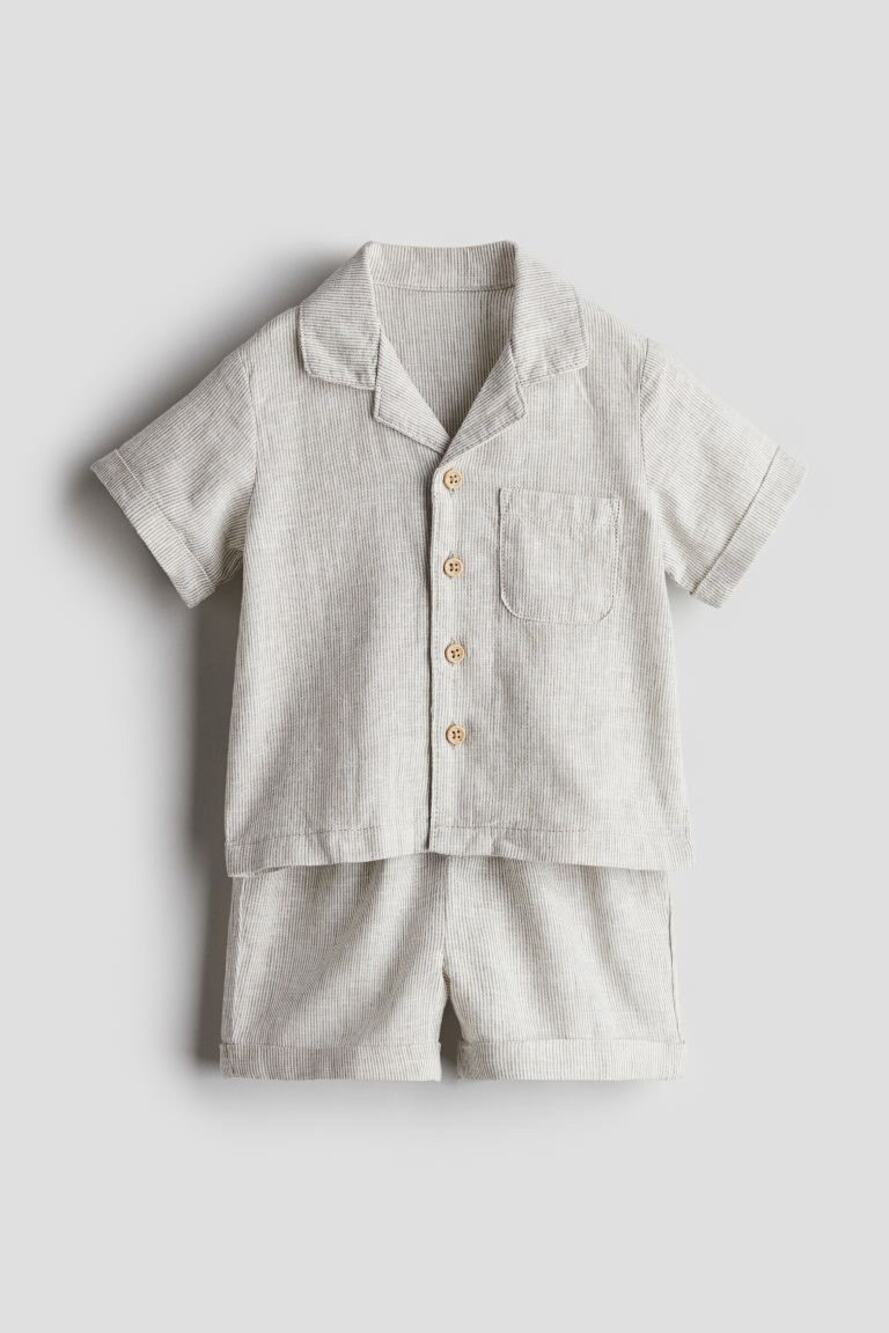 H&M Beige Striped Button Down Shirt & Shorts 2 Piece Outfit Size 12 Months Linen
